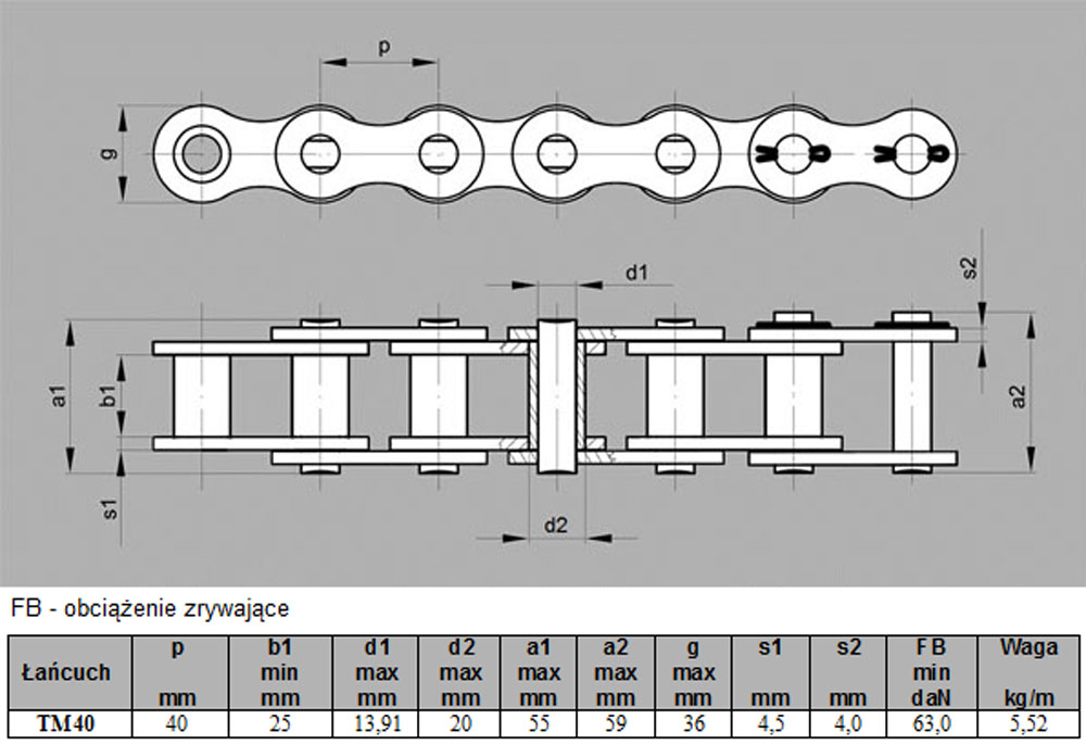 Łańcuch tulejkowy TM 40 – 1 szt = 5 mb