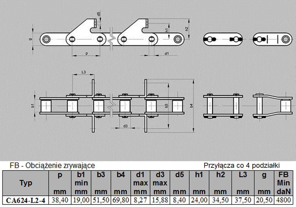 Łańcuch łopatkowy CA624-L2-4 do kombajnów typu MASSEY FERGUSON 36, 40